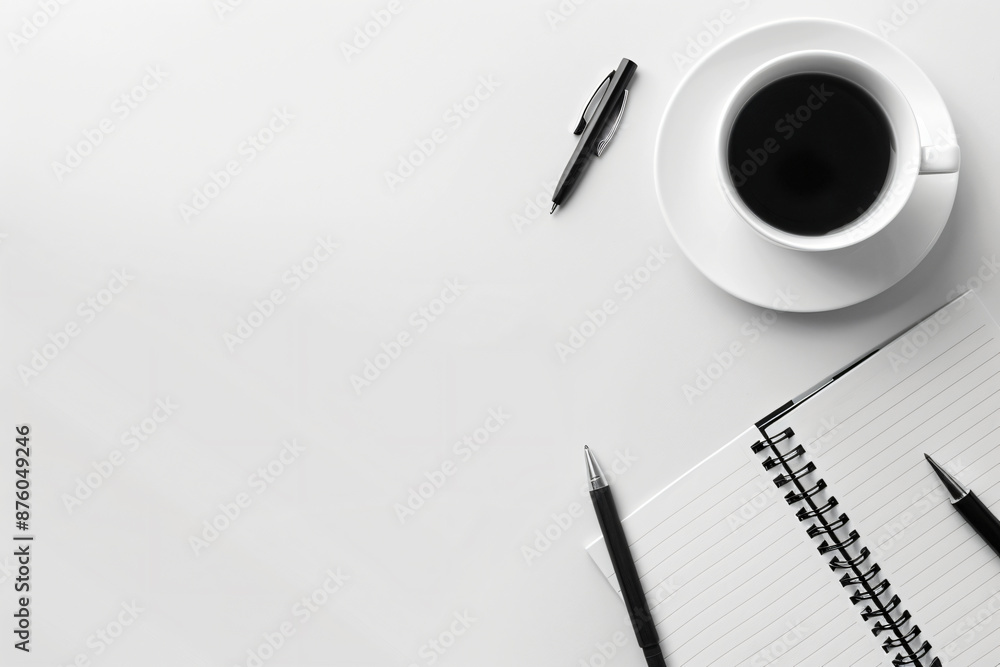 Poster photo of a minimalist desk with a notebook, pen and coffee on a white background in a top view. web 