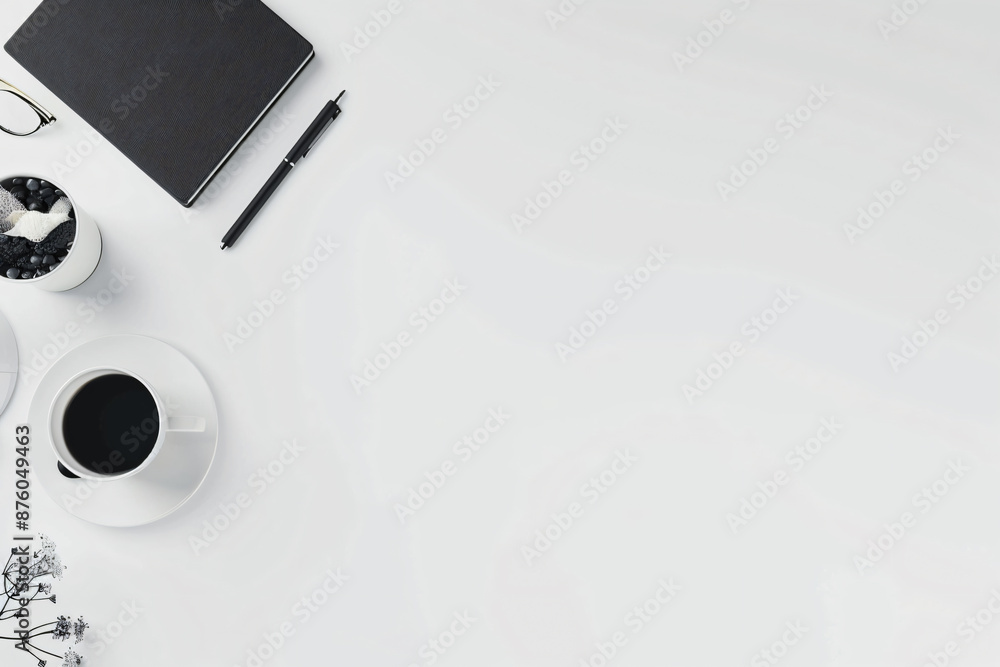 Poster photo of a minimalist desk with a notebook, pen and coffee on a white background in a top view. web 