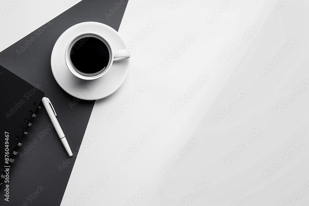 Poster photo of a minimalist desk with a notebook, pen and coffee on a white background in a top view. web 