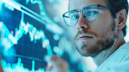 Focused businessman wearing glasses analyzing data on a screen.  He is focused on his work and looking at the screen with determination.