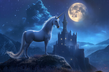 Golden-Horned Unicorn Overlooking Fantasy Castle at Twilight
