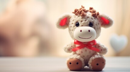 Fototapeta premium Cute cow toy with red heart, Valentine's day.
