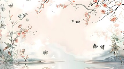 Elegant Floral Border Design with Serene Pond and Butterflies for Mockup Background