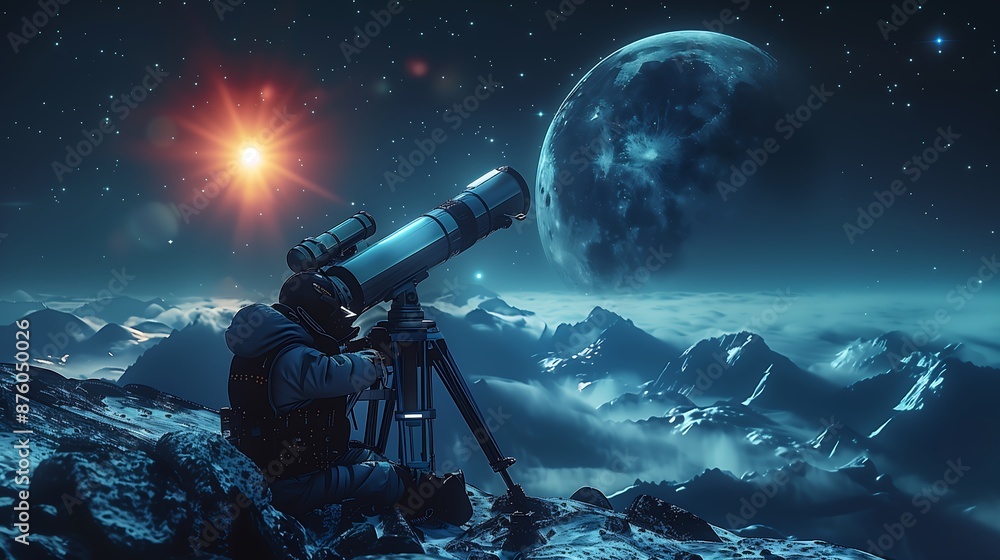 Wall mural man observing the moon through a telescope lunar observation night sky telescope view ai generated