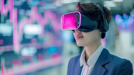 A young woman in a suit uses a virtual reality headset, exploring the possibilities of immersive technology.