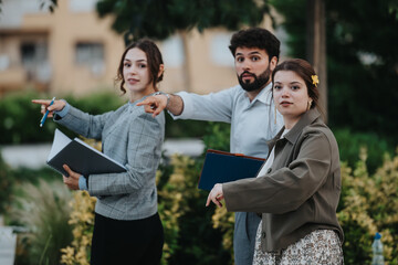 Group of young professionals engaging in discussion, pointing in different directions, and holding documents while standing outdoors in a park