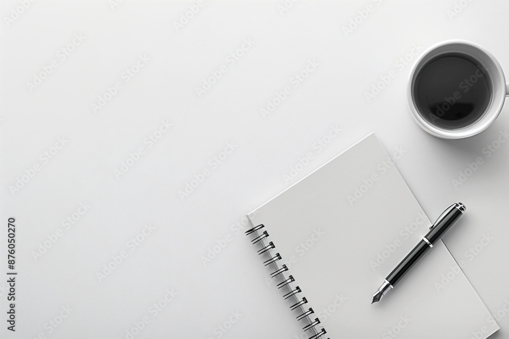 Poster photo of a minimalist desk with a notebook, pen and coffee on a white background in a top view. web 
