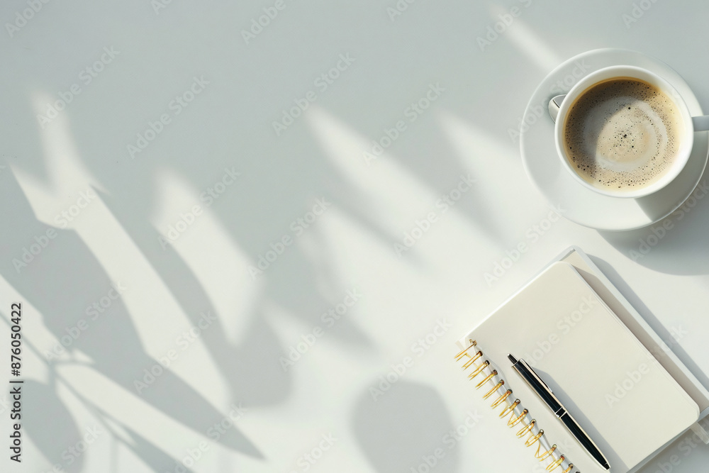 Poster photo of a minimalist desk with a notebook, pen and coffee on a white background in a top view. web 