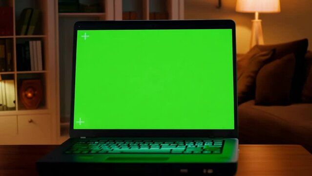 Laptop with green screen mock up lying on table. Computer with chroma key template. MacBook display close up. Business mockup empty blank space. Modern gadget on wooden table in horizontal position.