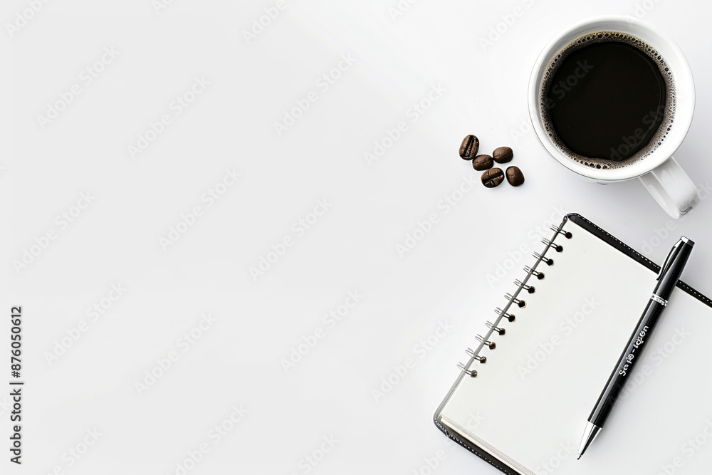Poster photo of a minimalist desk with a notebook, pen and coffee on a white background in a top view. web 