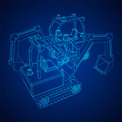 Heavy equipment excavator machine manufacturing power equipment for open pit mining. Wireframe low poly mesh vector illustration