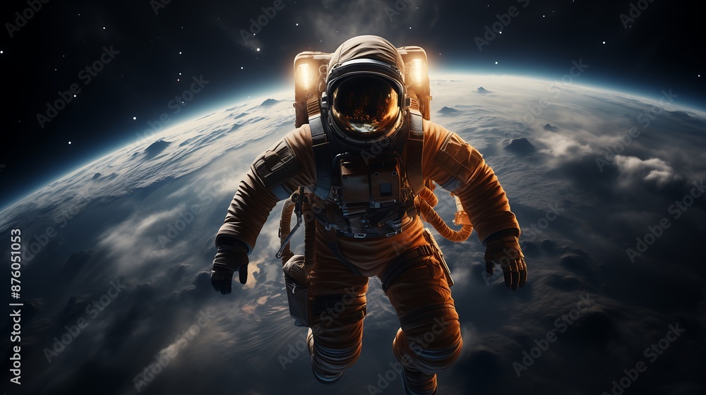 Wall mural modern astronaut drifting through space with earth in background astronaut earth view ai generated
