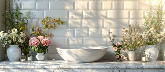 White Ceramic Bathroom Sink With Flowers