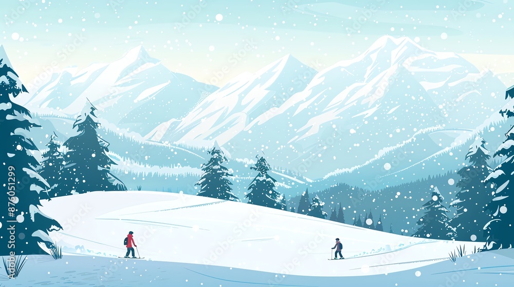 Poster A cartoon illustration of a snowy mountain landscape with two people skiing.