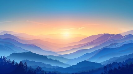 A minimalist, digital illustration of mountains with a sunset in the background.