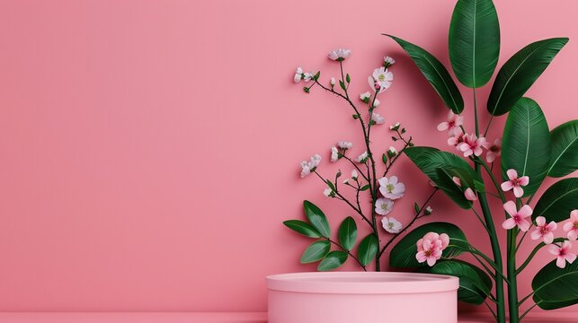 Bright color with a 3D geometric podium mockup and natural tree leaves and flower elements, ideal for presentations needing a modern, nature-inspired touch Clean and Clear Color, Realistic Photo, ,