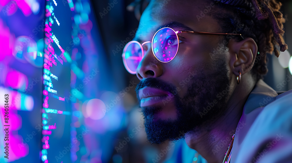 Poster focused coding master in neon glow