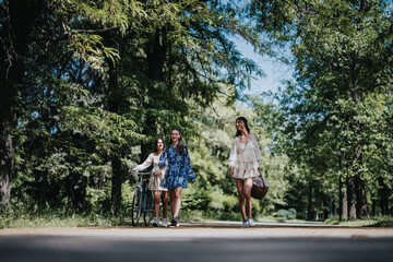 Obraz premium Three young girls walking along a park path on a bright, sunny day, one with a bicycle, sharing laughter and good times.