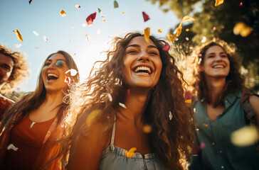 Obraz premium Group of friends celebrating outdoors with confetti, showing joy and happiness in a sunny setting
