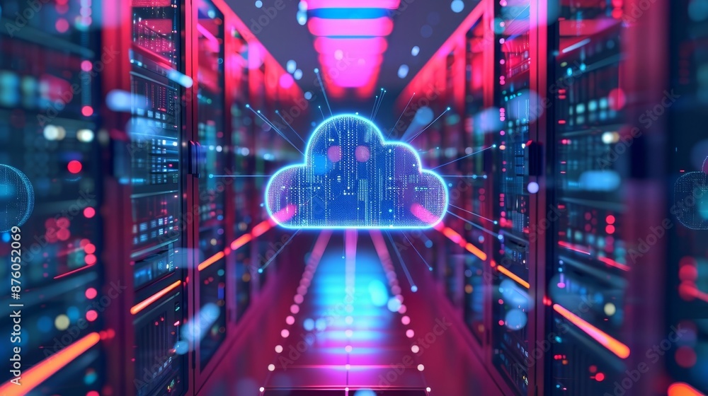 Poster 3d animation of a digital cloud in a data center