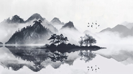 landscape painting, trees on the shore of an island in front of misty mountains with flying birds, in the style of Chinese ink with light gray and black tones, minimalist background