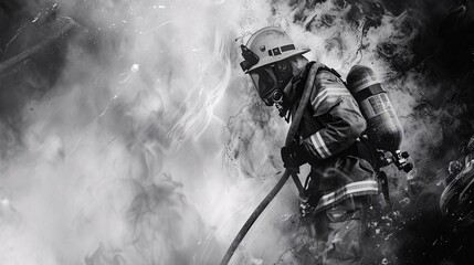 Fototapeta premium Black and white abstract art of a firefighter holding a hose