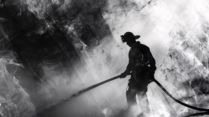 Black and white abstract art of a firefighter holding a hose