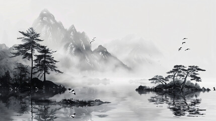 landscape painting, trees on the shore of an island in front of misty mountains with flying birds, in the style of Chinese ink with light gray and black tones, minimalist background