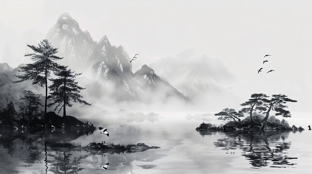 landscape painting, trees on the shore of an island in front of misty mountains with flying birds, in the style of Chinese ink with light gray and black tones, minimalist background