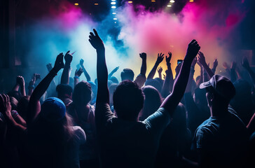 Fototapeta na wymiar Colorful Concert Crowd with Raised Hands