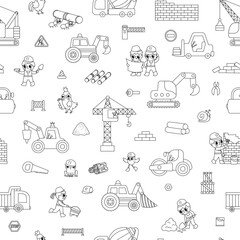Big vector black and white construction site, road work seamless pattern. Building line repeat background with kid builders, transport, bulldozer, crane. Repair service digital paper.