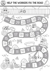 Road works black and white dice board game for children with kid drivers, transport, bulldozer, tractor. Construction site line boardgame.  Track repair service printable activity, coloring page