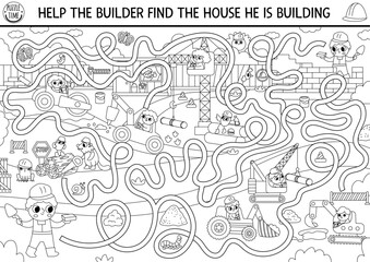 Construction site black and white maze for kids with industrial landscape, builders, technics, crane. Building works preschool printable activity, coloring page. Repair service labyrinth game, puzzle.