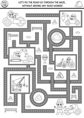 Construction site black and white geometrical maze for kids with road repair concept, workers, cars. Building line works preschool printable activity, coloring page. Service labyrinth game, puzzle.