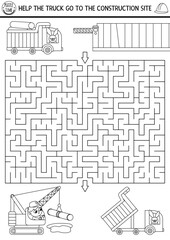 Construction site black and white geometrical maze for kids with road repairing workers, cars. Building works line preschool printable activity. Labyrinth game, coloring page with crawler crane, pipe
