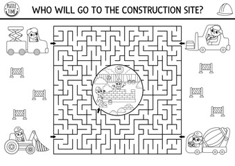Construction site black and white geometrical maze for kids with industrial scene, builder, bulldozer. Building works preschool printable activity. Repair service labyrinth game, puzzle, coloring page © Lexi Claus