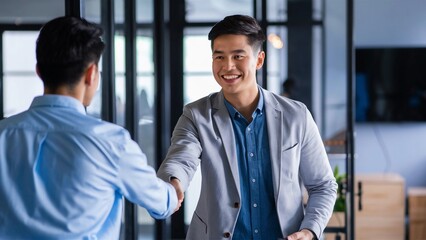 A manager shaking hands with a new Asian businessmen in Office 