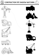 Construction site black and white shadow matching activity with special transport, vehicles. Building works line puzzle, coloring page. Find correct silhouette printable worksheet or game for kids.