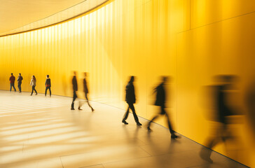 Blurred motion of people walking in a modern, yellow-colored corridor, creating a dynamic and vibrant scene