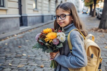 Fototapeta premium A pretty little girl with glasses and a bouquet of autumn flowers goes to school for the first time. A child with a school bag, a book and flowers. A child on a city street. Back to school.