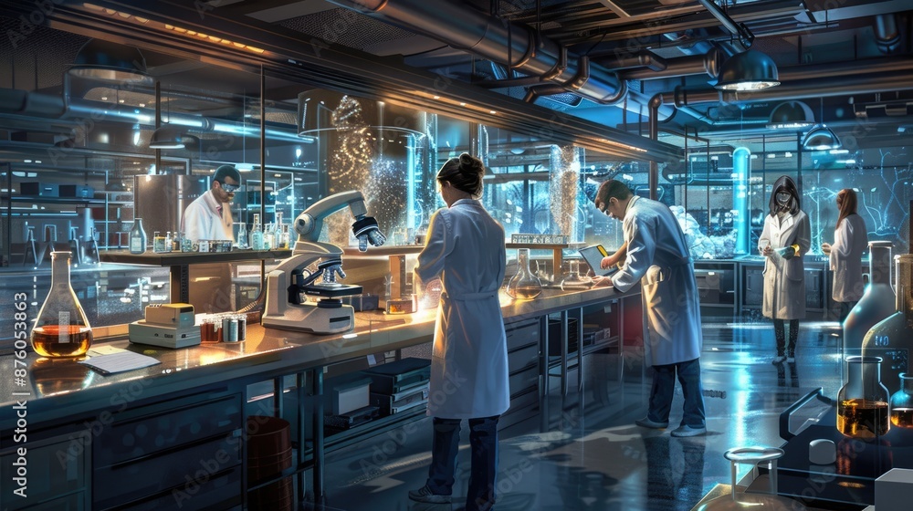 Poster research scientists conduct experiments in a stateoftheart laboratory using cuttingedge scientific e