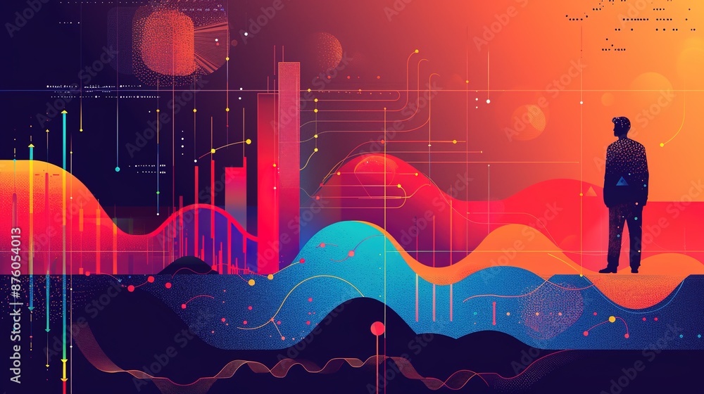 Poster dynamic abstract business analysis design with layered financial graphics and bold colors