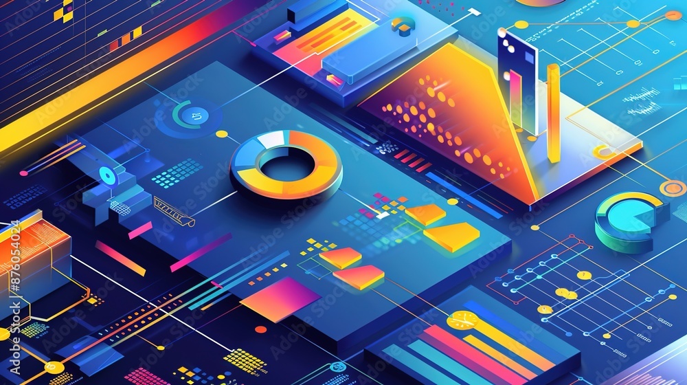 Poster dynamic abstract business analysis design with layered financial graphics and bold colors