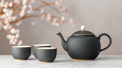 A black teapot and four teacups on a table with a delicate branch of blossoms in the background.