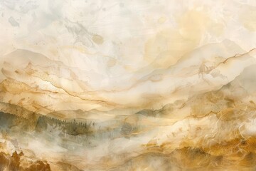 ethereal autumn landscape with swirling mists of light brown and beige delicate watercolor brushstrokes creating dreamy atmosphere subtle hints of gold and amber