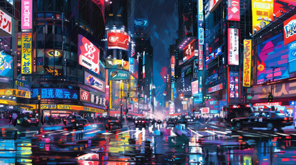 Obraz premium Abstract compositions of illuminated signs and billboards in a bustling cityscape 