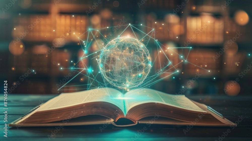 Aufkleber 3d animation of an open book with a holographic globe above it