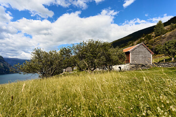 Otternes "klyngetun", the traditional Norwegian village, by the fjord of Aurlandsfjorden, Norway.