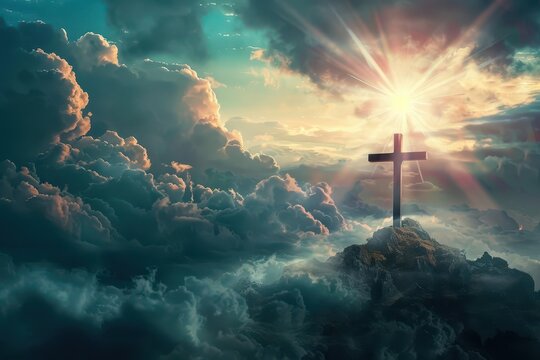 ethereal golgotha scene radiant holy cross dramatic sky divine light rays billowing clouds spiritual symbolism easter resurrection