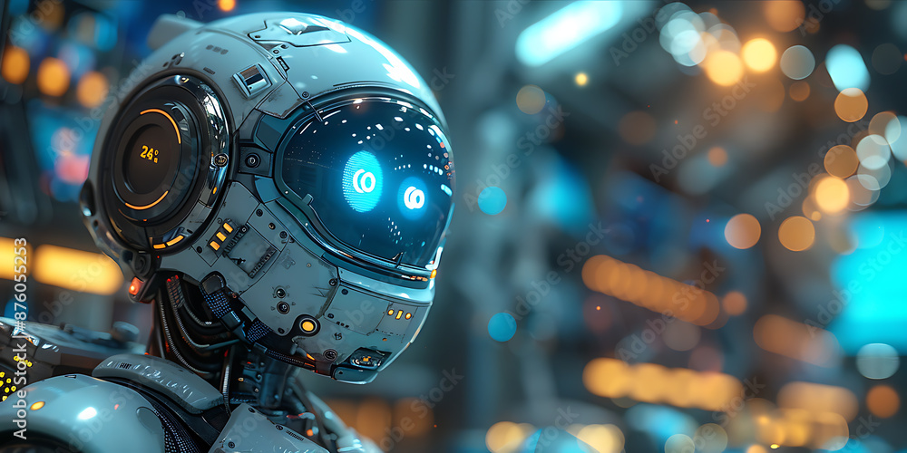 Poster futuristic robot collaborates in high-tech workspace